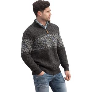Aran Crafts Men’s Irish Cable Knit Half Zip Jacquard Sweater (100% Merino Wool)(Charcoal)