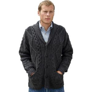 Aran Crafts Men’s Irish Cable Knitted Cardigan Sweater (100% Merino Wool)(Charcoal)