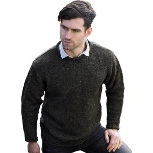 Aran Crafts Men’s Irish Cable Knitted Curl Neck Sweater (100% Donegal Wool)(Forest Green)