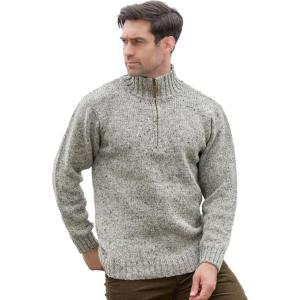 Aran Crafts Men’s Irish Cable Knitted Half Zip Sweater (100% Donegal Wool)(Light Grey)