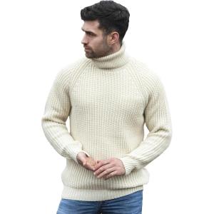 Aran Crafts Men’s Irish Cable Knitted Rib Roll Neck Sweater (100% Pure New Wool)(Natural)