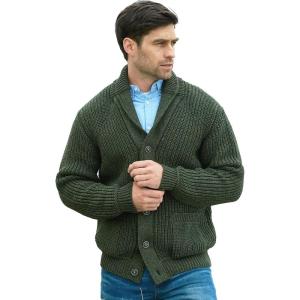 Aran Crafts Men’s Irish Cable Knitted Ribbed Shawl Cardigan (100% Merino Wool)(Army Green)
