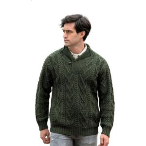 Aran Crafts Men’s Irish Cable Knitted Shawl Collar Sweater (100% Merino Wool)(Army Green)