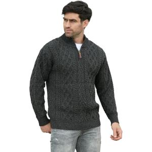 Aran Crafts Men’s Irish Soft Cable Knitted Zip Neck Jacket (100% Merino Wool)(Charcoal)