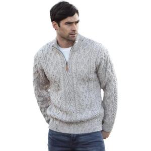 Aran Crafts Men’s Irish Soft Cable Knitted Zip Neck Jacket (100% Merino Wool)(Oatmeal)
