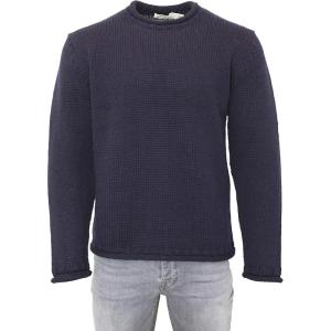 Aran Crafts Mens Plain Curl Neck Long Sleeve Sweater (100% Wool)(Navy)