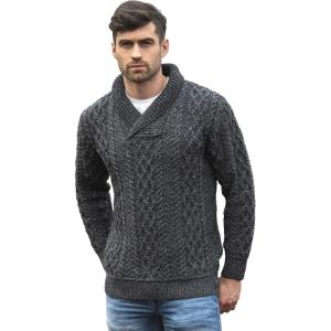 Aran Crafts Men’s Soft Irish Cable Knit Shawl Collar Sweater (100% Merino Wool)(Charcoal Marl)