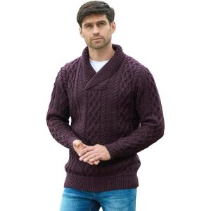 Aran Crafts Men’s Soft Irish Cable Knit Shawl Collar Sweater (100% Merino Wool)(Damson)