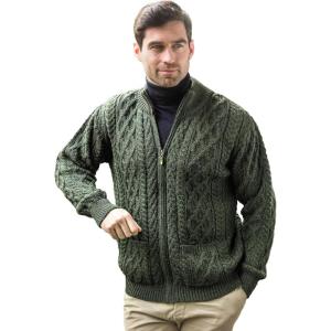 Aran Crafts Mens Zip Cardigan 100% Merino Wool, Made in Ireland(Army Green)
