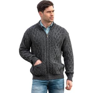 Aran Crafts Mens Zip Cardigan 100% Merino Wool, Made in Ireland(Charcoal Marl)