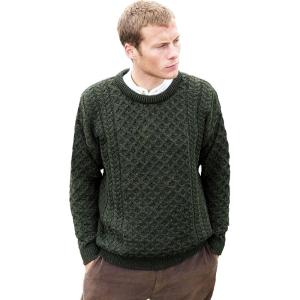 Aran Crafts Unisex Irish Cable Knitted Crew Neck Sweater (100% Merino Wool)(Army Green)