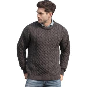 Aran Crafts Unisex Irish Cable Knitted Crew Neck Sweater (100% Merino Wool)(Charcoal)