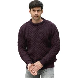 Aran Crafts Unisex Irish Cable Knitted Crew Neck Sweater (100% Merino Wool)(Damson)