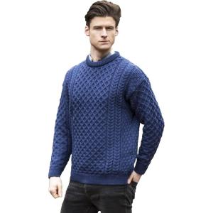 Aran Crafts Unisex Irish Cable Knitted Crew Neck Sweater (100% Merino Wool)(Denim)