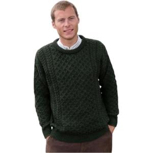 Aran Crafts Unisex Irish Cable Knitted Crew Neck Sweater (100% Merino Wool)(Green)