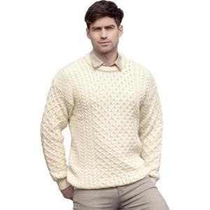 Aran Crafts Unisex Irish Cable Knitted Crew Neck Sweater (100% Merino Wool)(Natural)