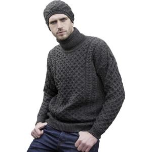 Aran Crafts Unisex Irish Cable Knitted Soft Roll Neck Sweater (100% Merino Wool)(Charcoal)