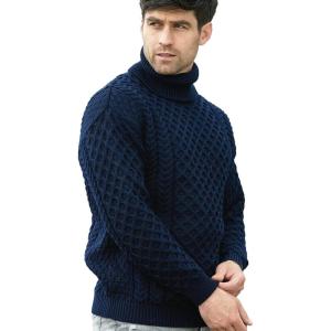 Aran Crafts Unisex Irish Cable Knitted Soft Roll Neck Sweater (100% Merino Wool)(Navy)