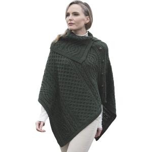 Aran Crafts Women’s Cable Knit Buttoned Cowl Neck Poncho (100% Merino Wool)(Army Green)