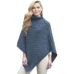 Aran Crafts Women’s Cable Knit Buttoned Cowl Neck Poncho (100% Merino Wool)(Mallard Blue)