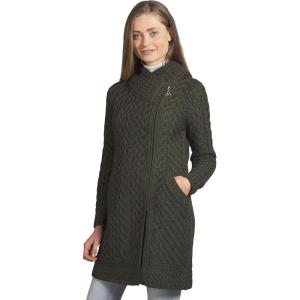 Aran Crafts Women’s Cable Knit Long Hooded Side Zip Coat (100% Merino Wool)(Army Green)