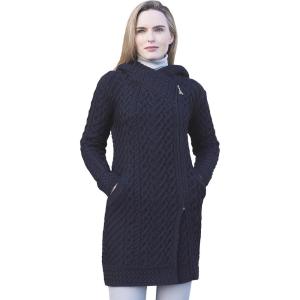 Aran Crafts Women’s Cable Knit Long Hooded Side Zip Coat (100% Merino Wool)(Navy)