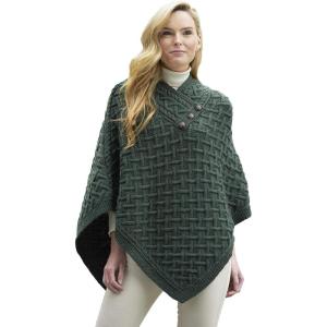 Aran Crafts Women’s Cable Knit Nua Button Poncho (100% Super Soft Merino Wool)(Green)