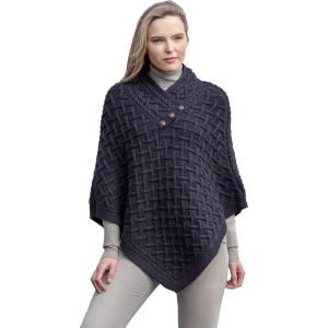 Aran Crafts Women’s Cable Knit Nua Button Poncho (100% Super Soft Merino Wool)(Ink Marl)