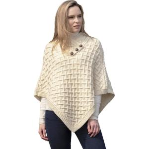 Aran Crafts Women’s Cable Knit Nua Button Poncho (100% Super Soft Merino Wool)(Natural)
