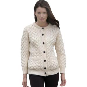 Aran Crafts Women’s Cable Knit Soft Buttoned Lumber Jacket (100% Merino Wool)(Natural)