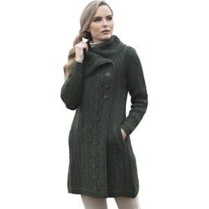 Aran Crafts Women’s Cable Knit Soft Collar 3 Button Coat (100% Merino Wool)(Army Green)