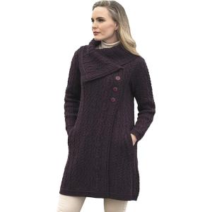 Aran Crafts Women’s Cable Knit Soft Collar 3 Button Coat (100% Merino Wool)(Damson)