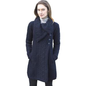 Aran Crafts Women’s Cable Knit Soft Collar 3 Button Coat (100% Merino Wool)(Navy)
