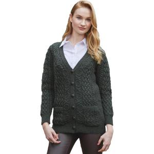 Aran Crafts Women’s Irish Cable Knit Soft Buttoned Cardigan (100% Merino Wool)(Army Green)