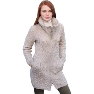 Aran Crafts Women’s Irish Cable Knitted Double Collar Coat (100% Merino Wool)(Parsnip)