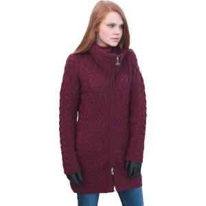 Aran Crafts Women’s Irish Cable Knitted Double Collar Coat (100% Merino Wool)(Wine)