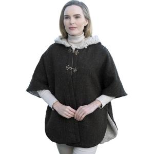 Aran Crafts Women’s Irish Cable Knitted Hooded Tweed Poncho Cape (100% Wool)