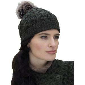 Aran Crafts Women’s Irish Cable Knitted Soft Pom Faux Fur Hat (100% Merino Wool)(Army Green)