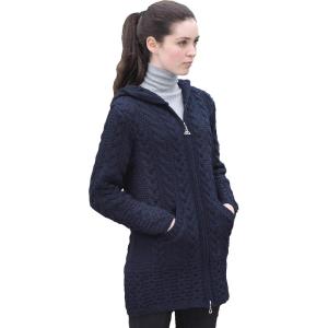 Aran Crafts Women’s Irish Cable Knitted Wool Hooded Zip Coat (100% Merino Wool)(Navy)