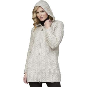 Aran Crafts Women’s Irish Cable Knitted Wool Hooded Zip Coat (100% Merino Wool)(Parsnip)