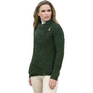 Aran Crafts Women’s Irish Cable Knitted Wool Side Zip Cardigan (100% Merino Wool)(Army Green)