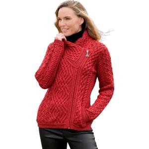 Aran Crafts Women’s Irish Cable Knitted Wool Side Zip Cardigan (100% Merino Wool)(Cherry Red)
