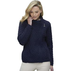 Aran Crafts Women’s Irish Cable Knitted Wool Side Zip Cardigan (100% Merino Wool)(Navy)
