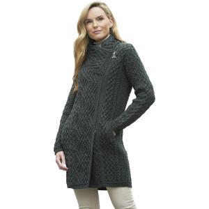 Aran Crafts Women’s Irish Soft Cable Knitted Side Zip Coat (100% Merino Wool)(Army Green)