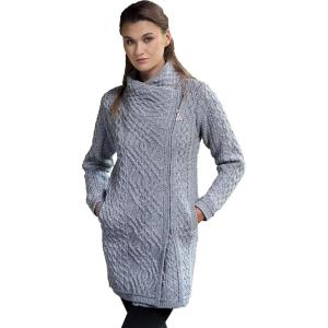 Aran Crafts Women’s Irish Soft Cable Knitted Side Zip Coat (100% Merino Wool)(Soft Grey)