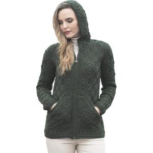 Aran Crafts Women’s Soft Cable Knit Honeycomb Hood Cardigan (100% Merino Wool)(Army Green)