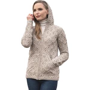 Aran Crafts Women’s Soft Cable Knit Honeycomb Hood Cardigan (100% Merino Wool)(Oatmeal)