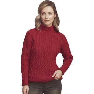 Aran Crafts Women’s Traditional Irish Funnel Neck Sweater (100% Merino Wool)(Cherry)