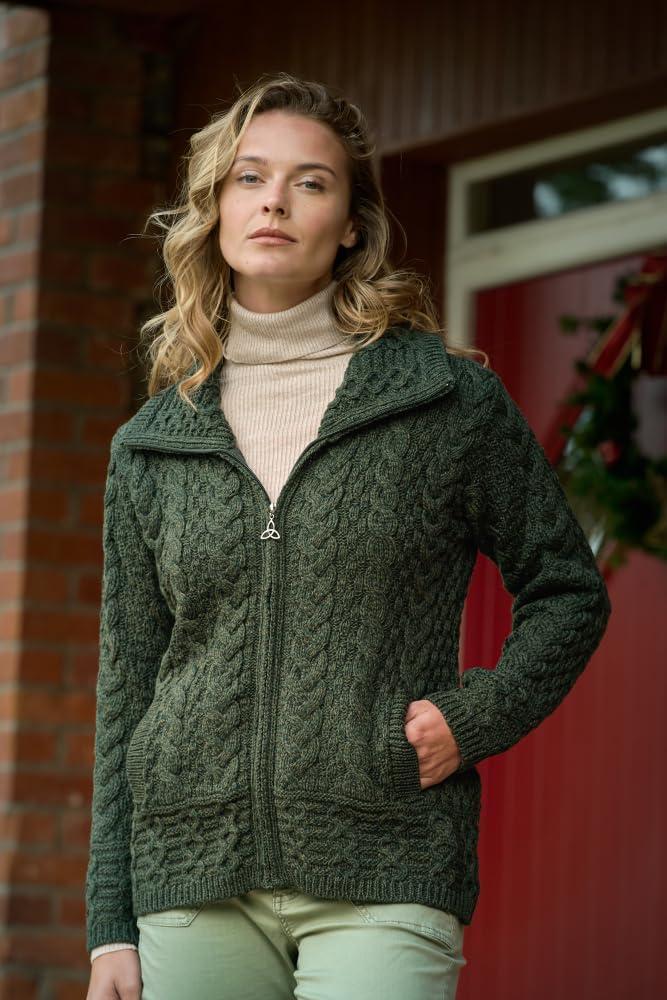 image:imageAran Crafts Irish Womens Double Collar Zip Cardigan 100 Merino WoolArmy Green