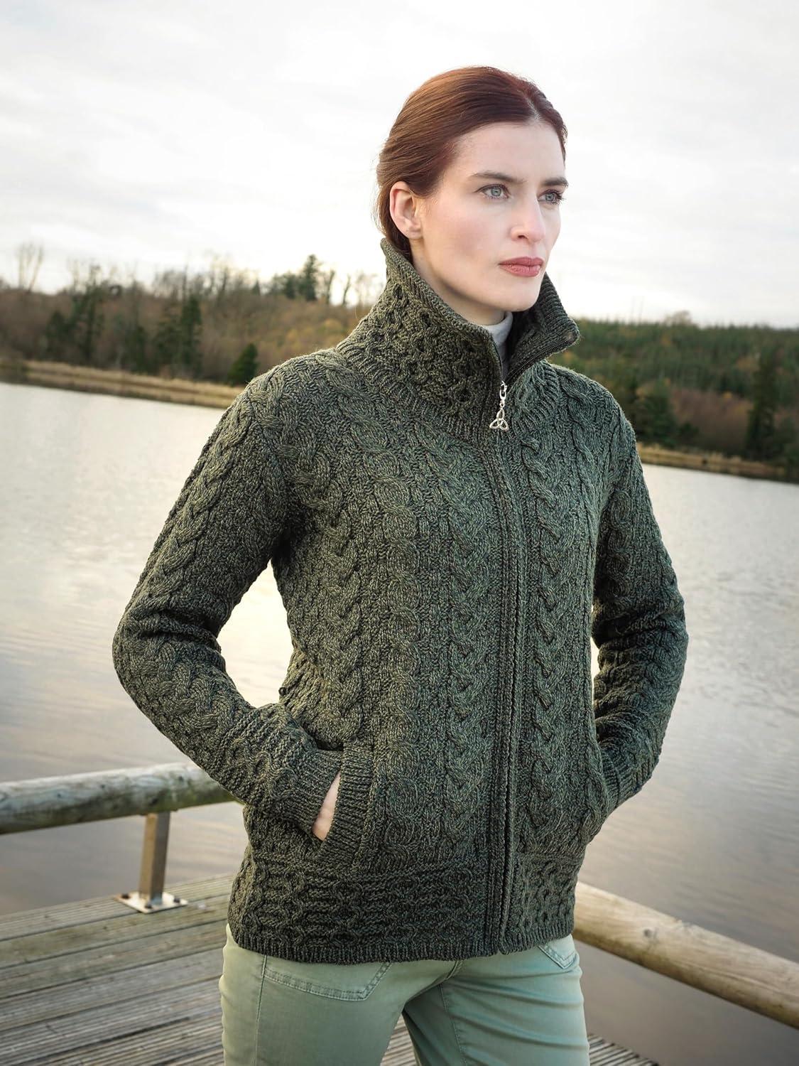 image:imageAran Crafts Irish Womens Double Collar Zip Cardigan 100 Merino WoolArmy Green
